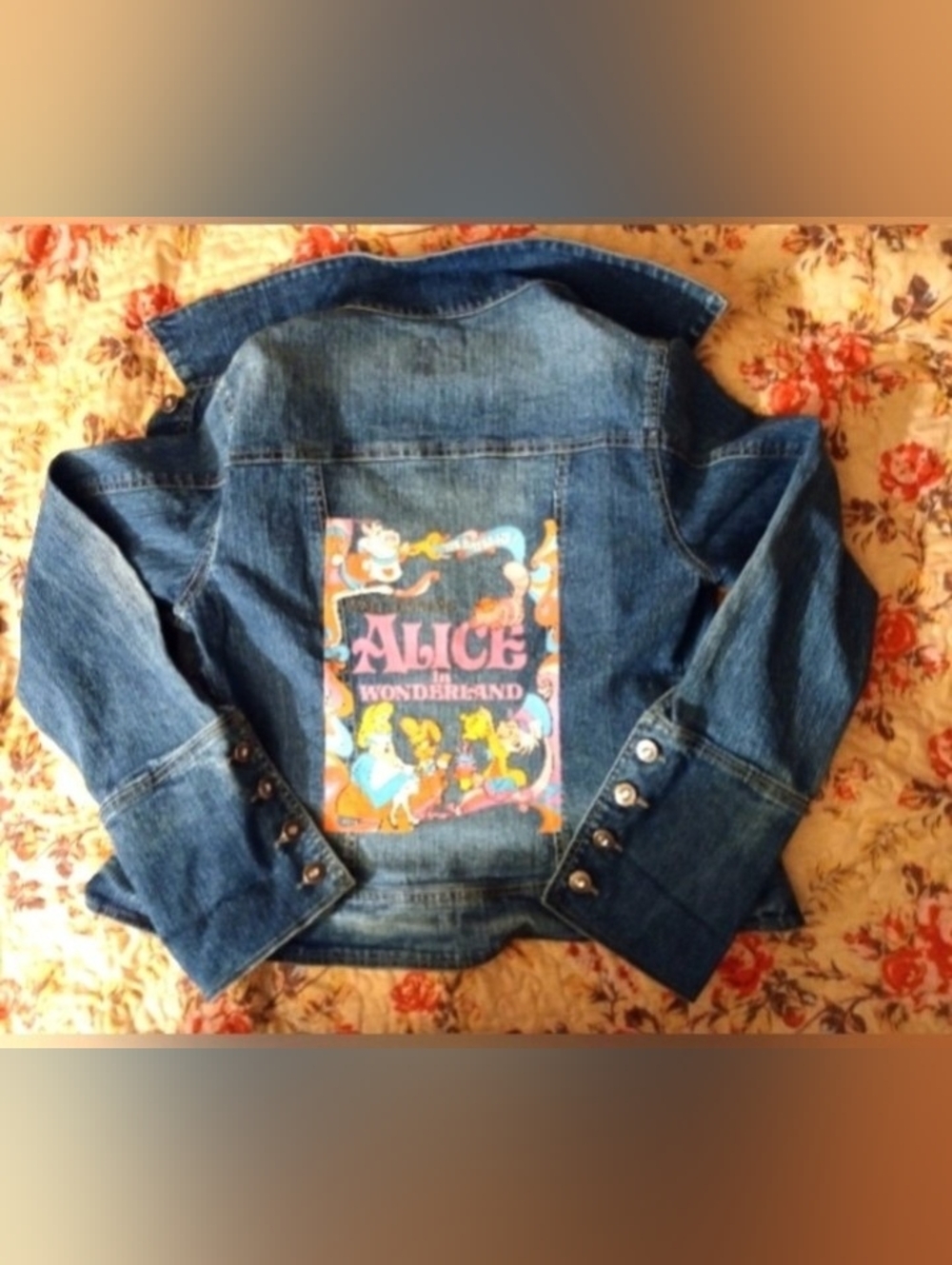 VTG Retro Alice in Wonderland Patch Denim Jacket Women's- Blue
